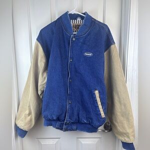 Vintage 90s Denim Bomber Jacket Mens  Large Embroidered Peterbilt turning point